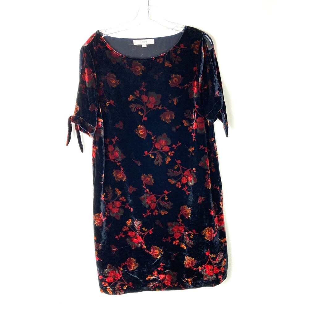 Loft Dark Floral Velvet Mini Shift Dress Size M Black Orange Slit Sleeve